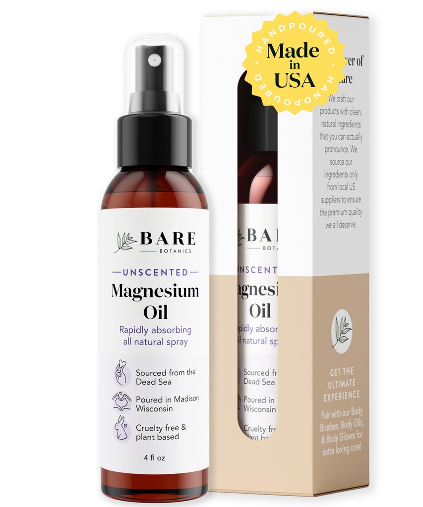 Bare Botanics Magnesium Oil Spray 4oz - Dead Sea Magnesium Chloride Mist | Topical Magnesium Chloride from the Dead Sea | Unscented | Handpoured in Madison, WI
