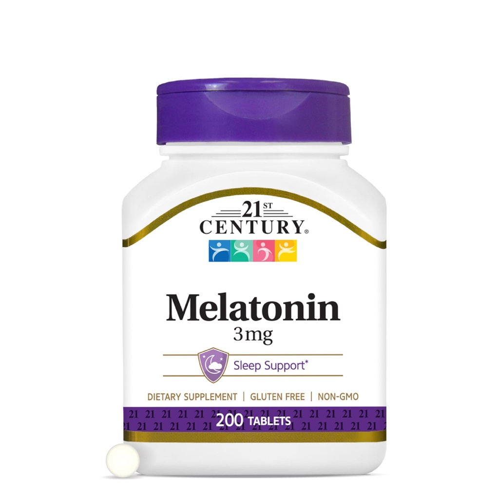 21st Century Melatonin 3mg Comprimés doux de force, 200 Compte, aide au sommeil pour les adultes, favorise la relaxation et le sommeil reposant, non-Habit formant, sans gluten, non-OGM