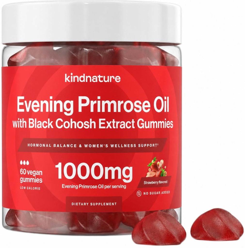 kindnature Evening Primrose Ölgummis für Frauen – 1000mg mit schwarzem Cohosh-Extrakt – Hormonal Balance, PMS & Menopause Support – Vegan, Sugar-Free, Non-GMO