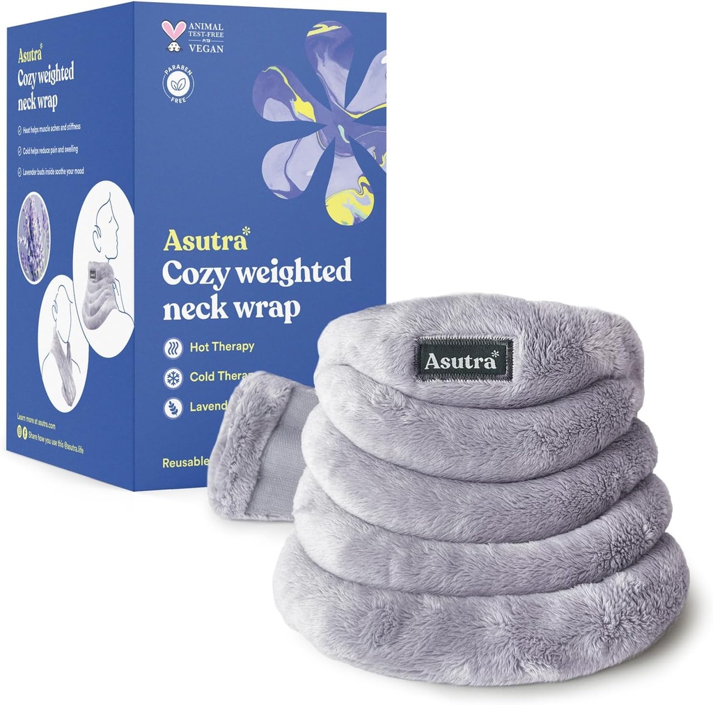 ASUTRA Gewichted Neck Wrap, Plüsch grau - Hands-Free Mikrowellen Heizkissen für Hals und Schultern, Heiße und kalte Kompressor, Lavender Aromatherapie