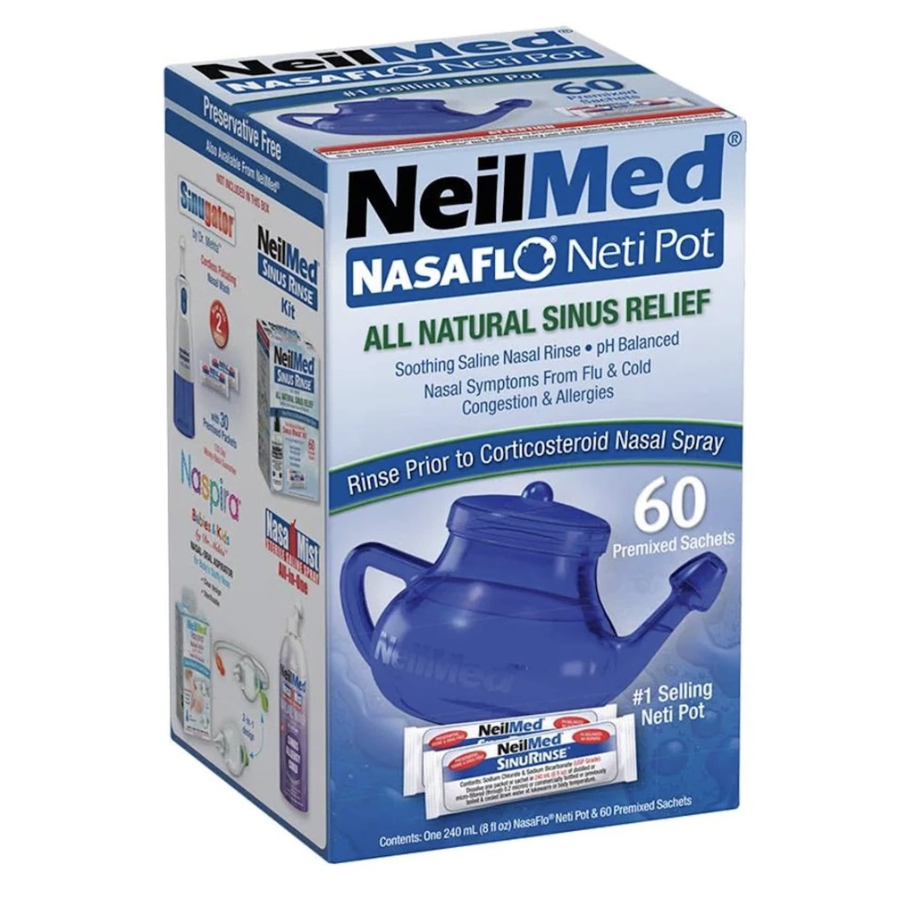 NeilMed NasaFlo Unbreakable Neti Pot mit 60 vorgemischten Packungen