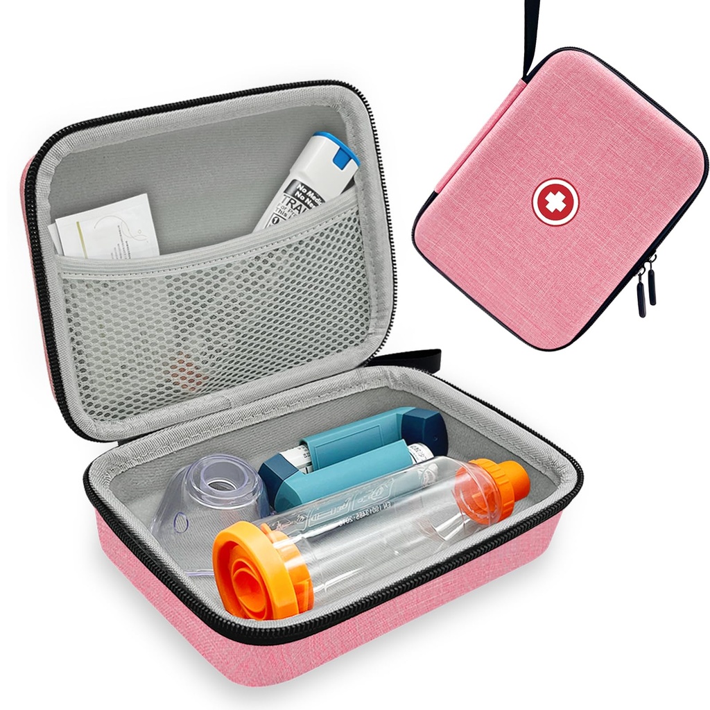 Hard Inhaler Spacer Case für Kinder und Erwachsene, Asthma Inhaler Case mit Mesh Tasche für Medizin und andere Zubehör, Pink (nur für)
