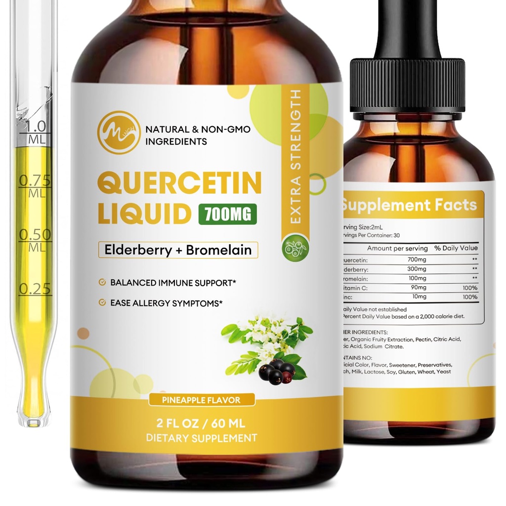 Quercetin gouttes liquides - Suppléments Quercetin 700mg - 4X plus fort que les pilules et capsules - 5 en 1 Quercetin avec la vitamine Bromelain Elderberry pour l'immunité Santé respiratoire Soins de la peau- 2 Fl Oz