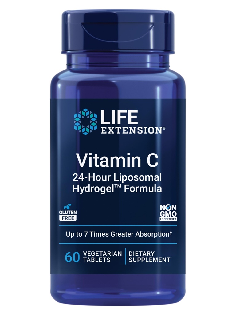 Prolongation de vie Vitamine C 24 heures Formule Liposomique HydrogelTM, absorbe mieux que la vitamine C standard, jusqu'à 24 heures, obtenir le meilleur de votre vitamine C, sans gluten, non-OGM, végétarien, 60 comprimés