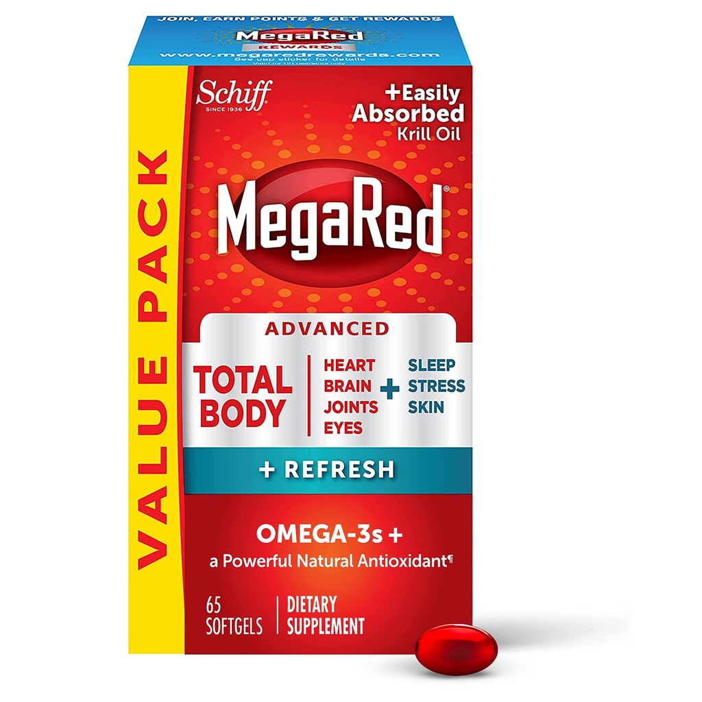 MegaRed Omega-3 Blend Gesamtkörper + Refresh 500mg Softgels, (65 Count in a Bottle), einfach absorbiertes Krillöl, um Ihr Herz, Gelenke, Gehirn und Augen zu unterstützen