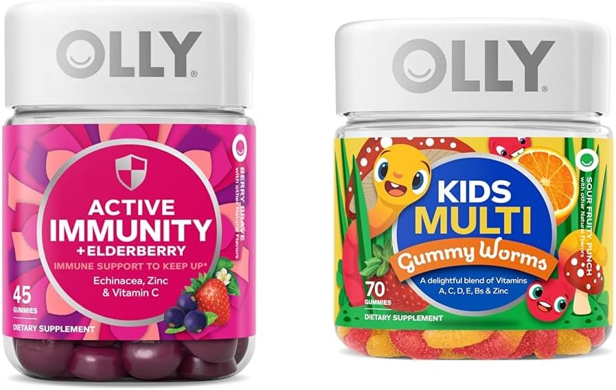 OLLY Gummy Active Immunity+Elderberry 45 Gummis & Kinder Multivitamin Gummy Worms 70 Count