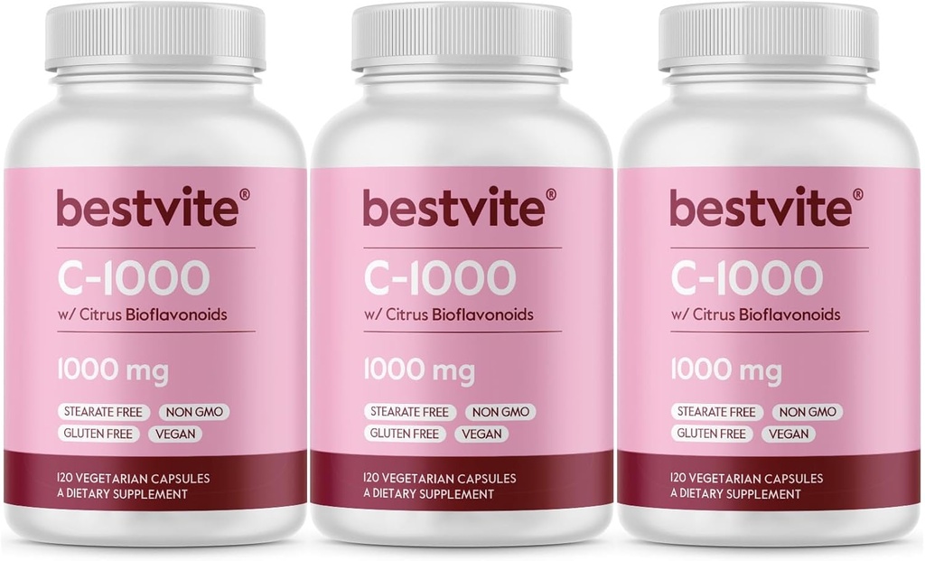 BESTVITE Vitamin C 1000mg (360 Vegetarische Kapseln) (120 x 3) mit Citrus Bioflavinoiden - No Stearates - Vegan - Non GMO - Glutenfrei