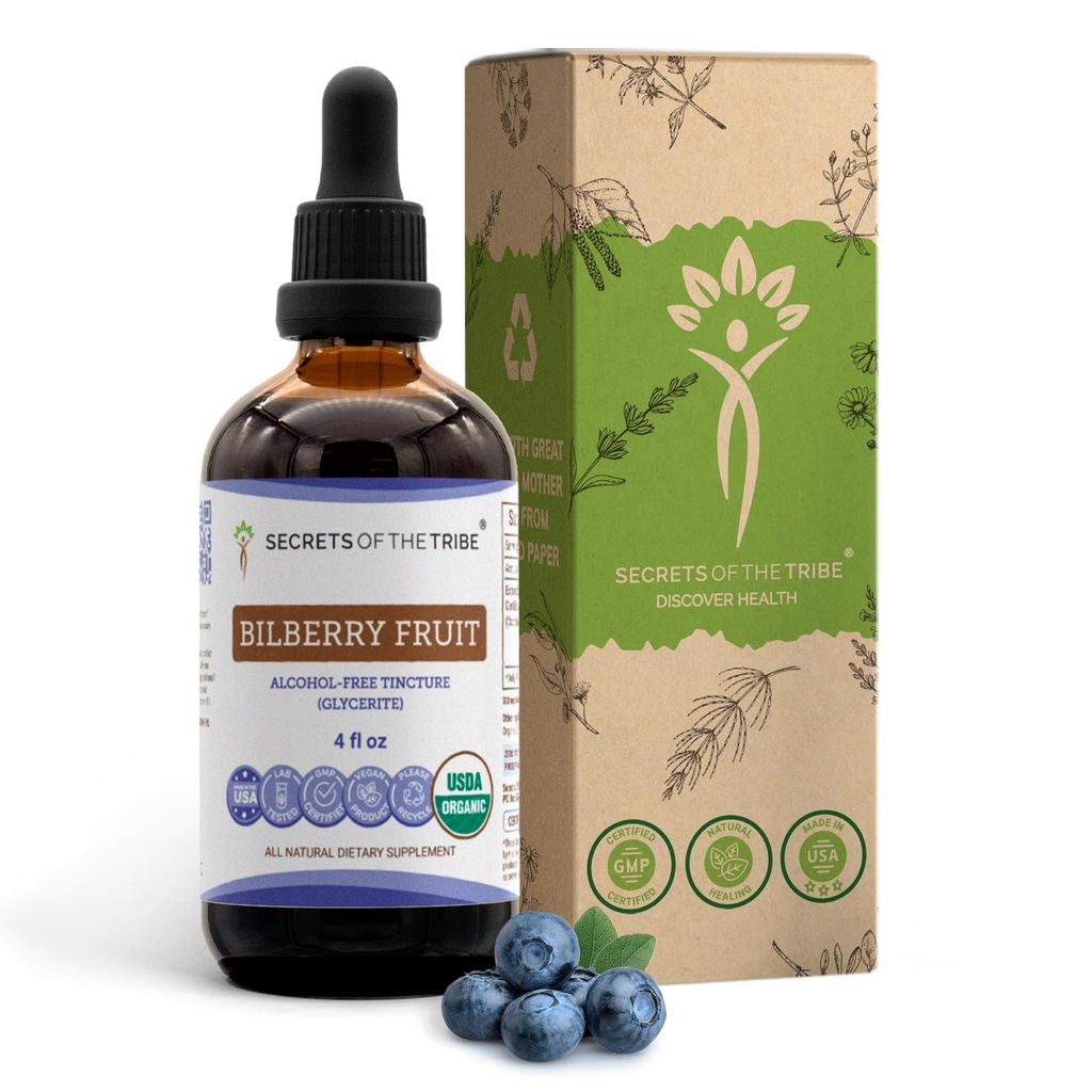 Secrets of the Tribe Bilberry Fruit USDA Organic | Alkoholfreier Extrakt, hochkarätige Kräutertropfen, Vision | Aus 100% zertifizierter Bio Bilberry (Vaccinium Myrtillus) Getrocknete Frucht 4 Unze