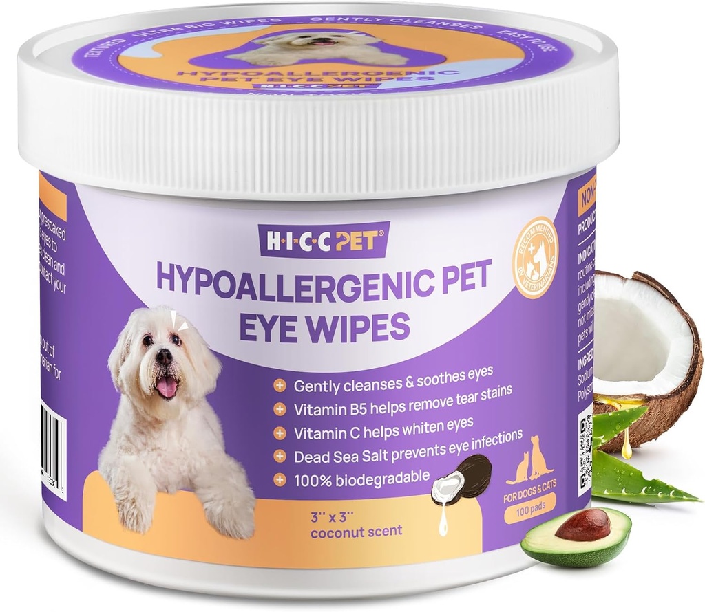 HICC PET Eyes Wipes für Hunde & Katzen, Vet-Recommended Dog Eye Infection Treatment, Gently Remove Tear Stain, Debris, Discharge - Allergiker Pet Eye Wash Cleaner für Augen, Falten, Gesicht - 100pcs