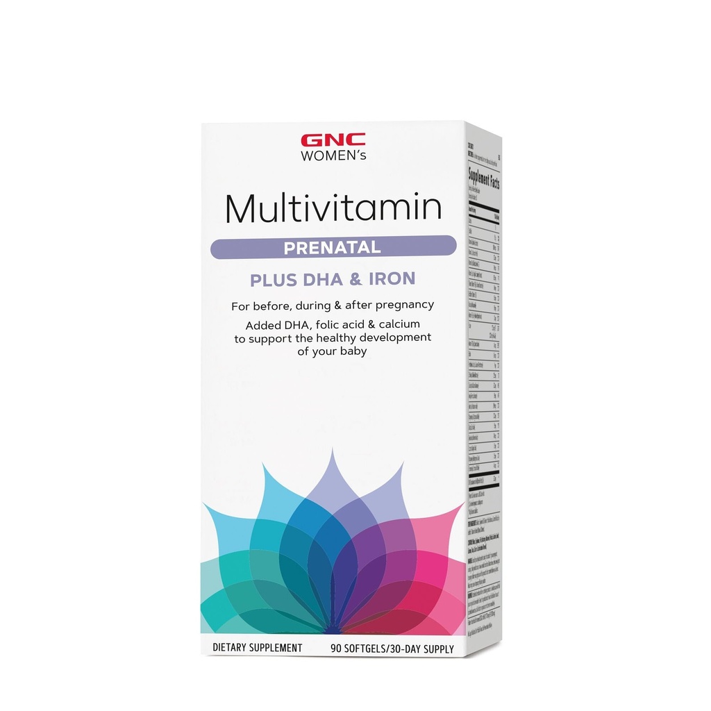 GNC Women's Prenatal Multivitamin Formel mit DHA & Eisen, Unterstützung Schwangerschaft und gesunde Baby Entwicklung, essentielle Nährstoffe Folsäure, Zink, Calcium Plus B Vitamine, 90 Softgels