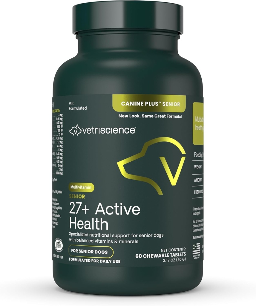 VetriScience Senior 27+ Active Health Chewable Tablets, Canine Plus Daily Multivitamin für Senior Dogs, Balanced Vitamins, Minerals and Antioxidants, Aging and Wellness Support, Veggie, 60 Count
