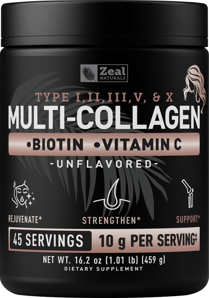 Premium Multi Collagen Peptides Protein Powder (1, 2, 3, 5 & 10) mit Vitamin C, Biotin, Hyaluronsäure, für Haarhaut und Nägel - Marine, Rinder, Huhn & Eggshell (Unflavored, 45 Servierungen)