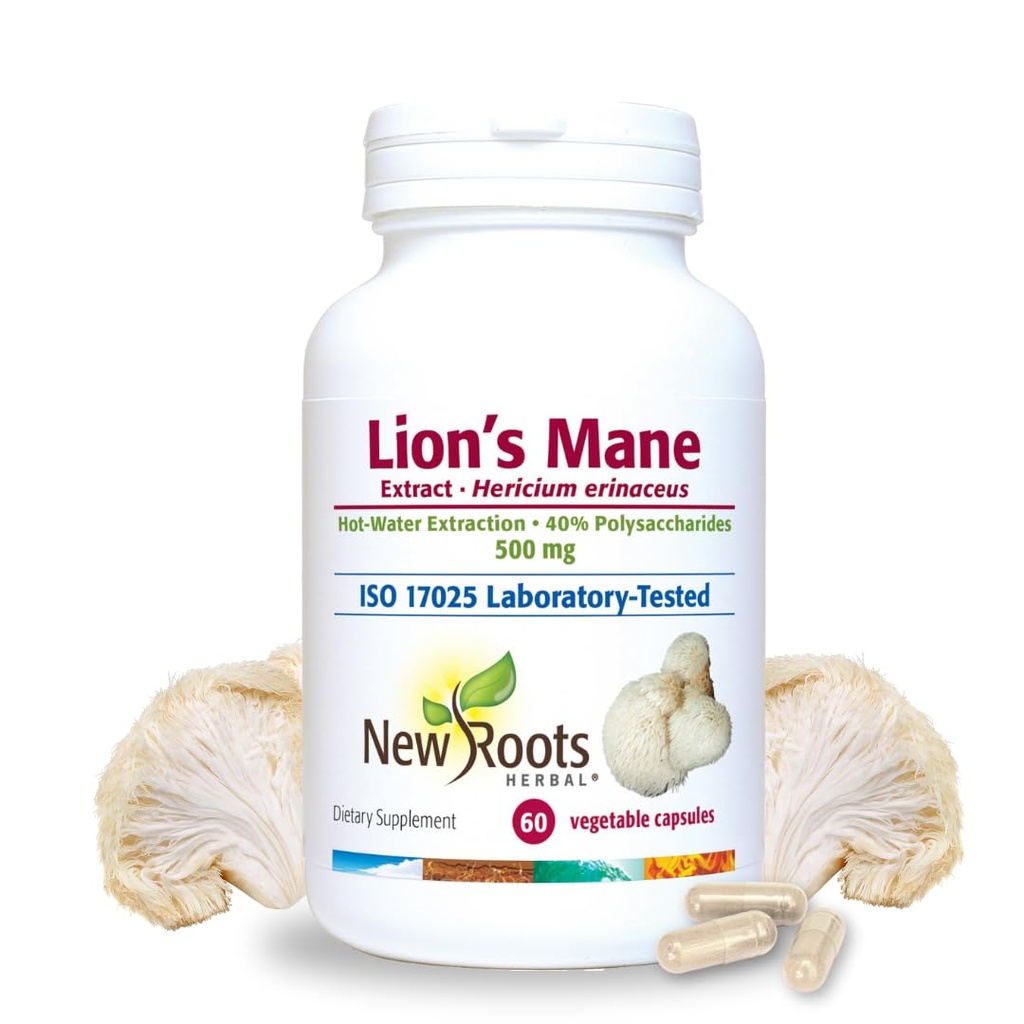 NEW ROOTS HERBAL Lions La Mane Supplément Capsules de 500mg Lion Mane Mushroom Concentré Extrait d'Eau Chaude.