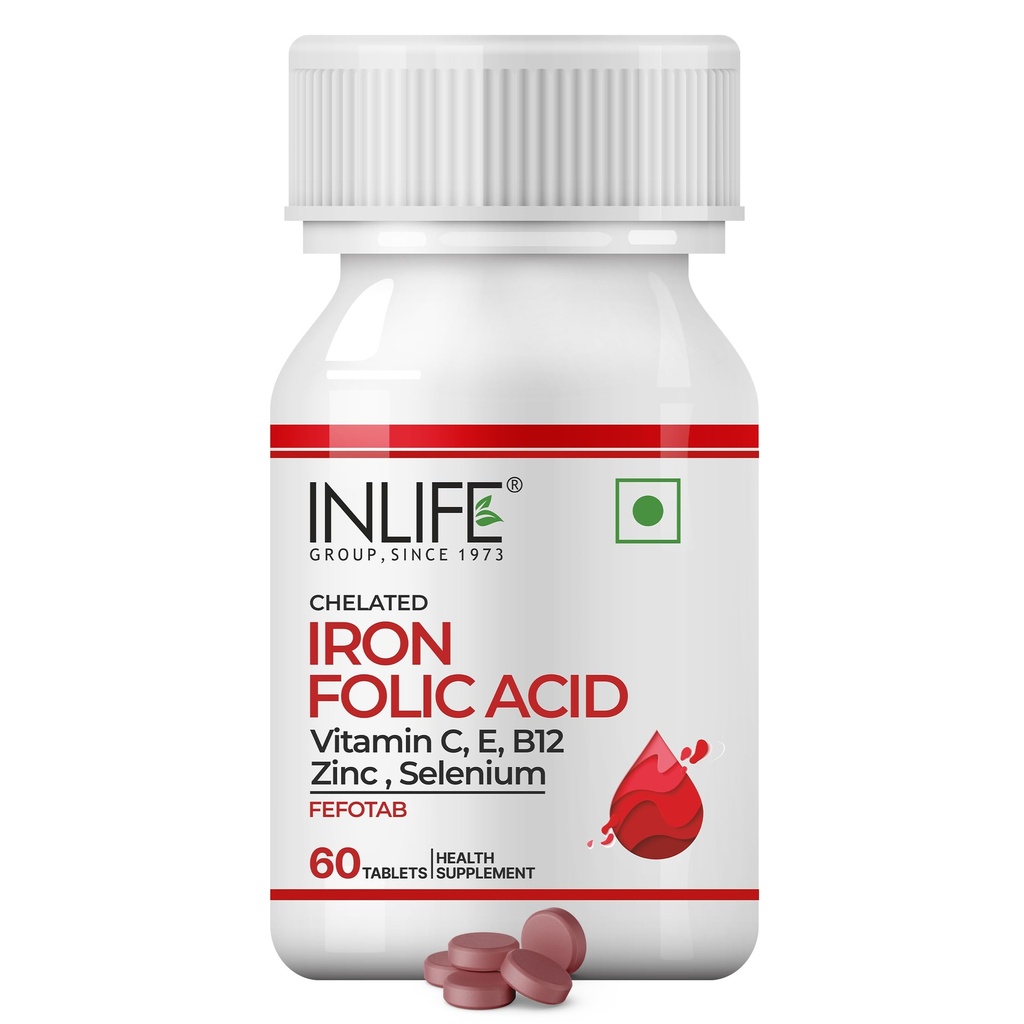 INLIFE Chelat Iron Folic Acid Supplement mit Vitamin C, E, B12, Zink & Selen für Männer Frauen - 60 Tabletten
