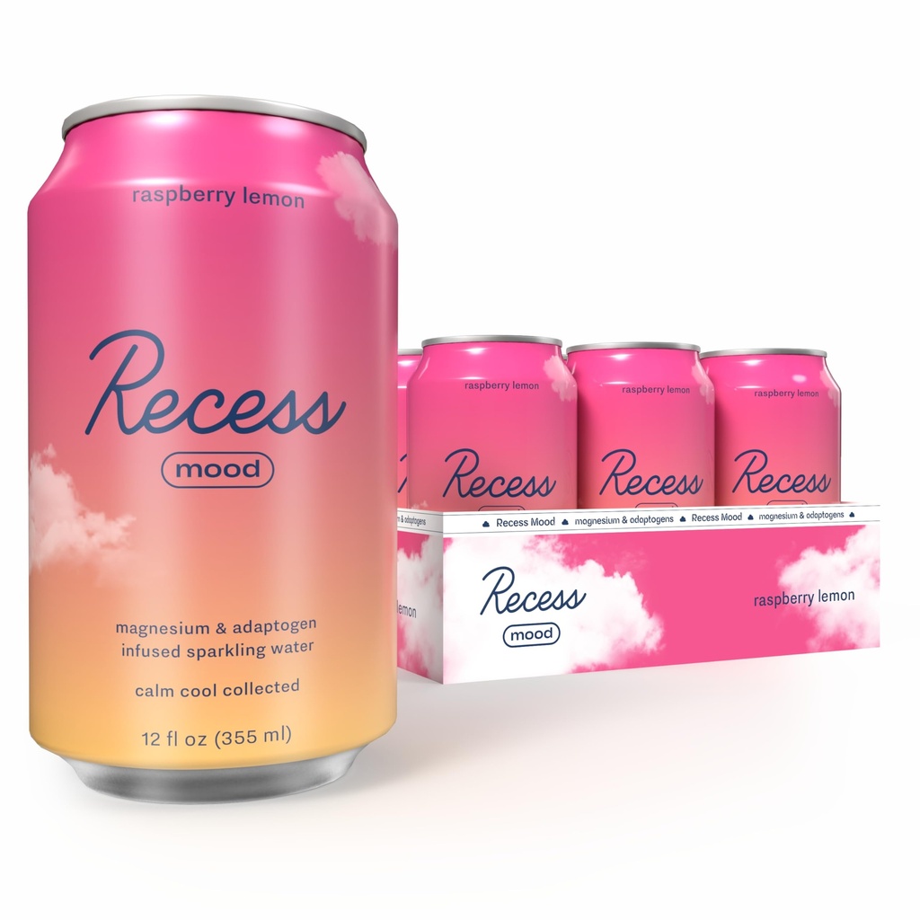 Recess Mood Magnésium et boisson adaptogène, Boissons de relaxation calmantes, 12 onces (Lémon framboise, 12 paquets)