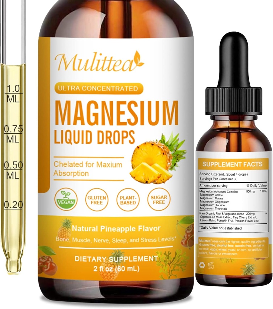 Magnésium 500mg gouttes liquides - Supplément complexe de magnésium 5-en-1 avec glycinate, malate, citrate, taurate - pour os, muscles, nerfs et énergie - formule végétalienne, sans sucre, 2 Fl.oz