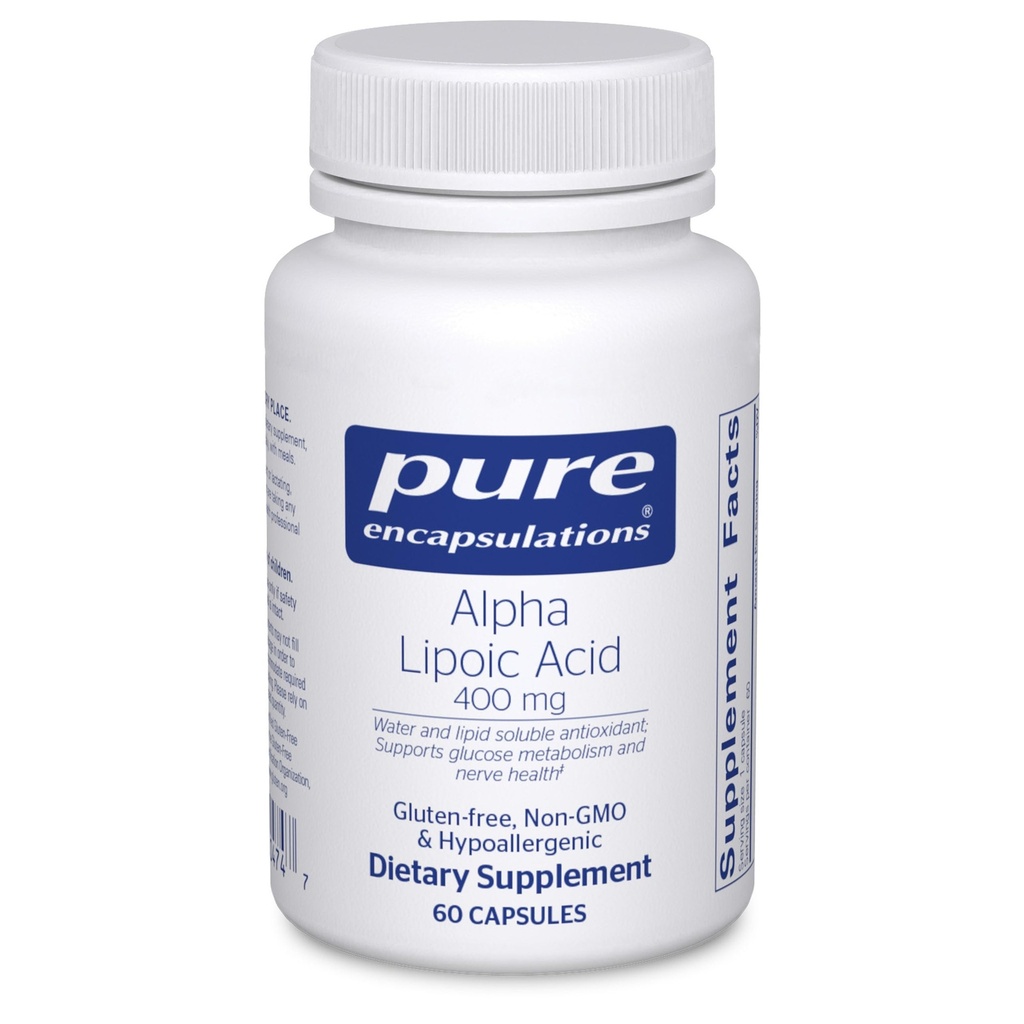 Encapsulations pures Acide alpha lipoïque 400 mg de supplément ALA pour le soutien du foie, les antioxydants, la santé nerveuse et cardiovasculaire, les radicaux libres et le soutien aux glucides*
