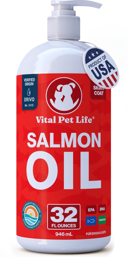 Lachsöl für Hunde & Katzen - Gesunde Haut & Coat, Fischöl, Omega 3 EPA DHA, Flüssige Nahrungsergänzung für Haustiere, All Natural, Unterstützt Gelenk- & Knochengesundheit, Natürliche Allergie & Entzündungsschutz, 32 Unze