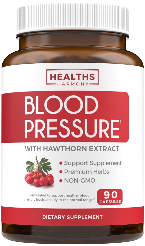 Blutdruckunterstützungsergänzung (NON-GMO) Premium Natürliche Kräuter, Vitamine & Beeren - Hohe Dosierung von Hawthorn Berry Extract – unterstützt bereits im Normalbereich Blutdruckpegel – 90 Kapseln