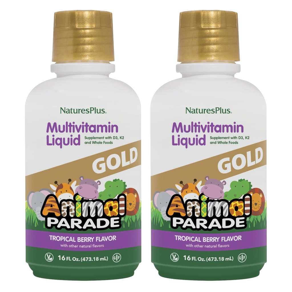 NaturesPlus Animal Parade Gold Kinder Liquid Multivitamin - 16 fl oz, Packung mit 2 - Natürliche Tropische Berry Flavor - Glutenfrei, Vegan - 64 Gesamt Servierungen