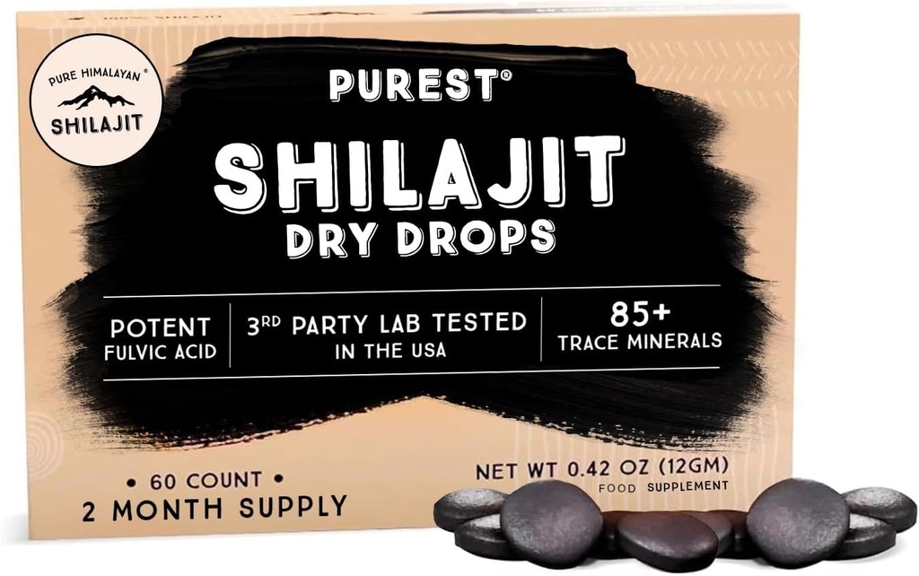 Pure Himalayan Shilajit Dry Drops, 100% Pure Natural Shilajit, Grade A, Max Potency 85+ Clean Trace Minerals & Fulvic Acid for Energy, Métabolism & Imune Support Supplément pour hommes et femmes (60 onglets)