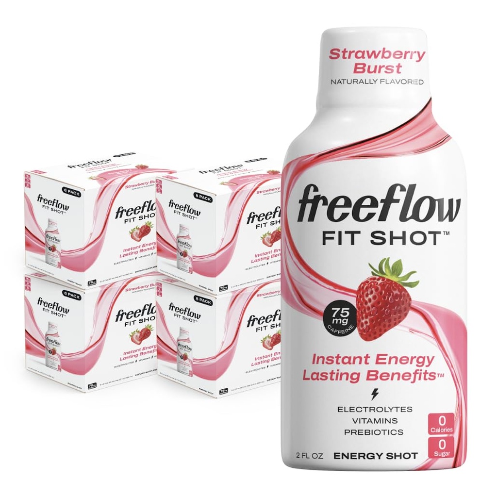 Freeflow Fit Energy Shots, Strawberry Burst, Natural Caffeine Boost mit L-Theanin, Ginseng, Vitamine, Prebiotics, Elektrolyte (24 Count, 2oz Shots)