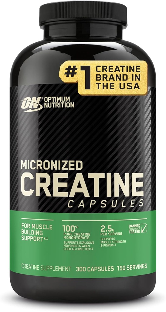 Optimum Nutrition Micronized Creatine Monohydratkapseln, Keto Friendly, 2500mg, 300 Kapseln (Packaging May Vary)