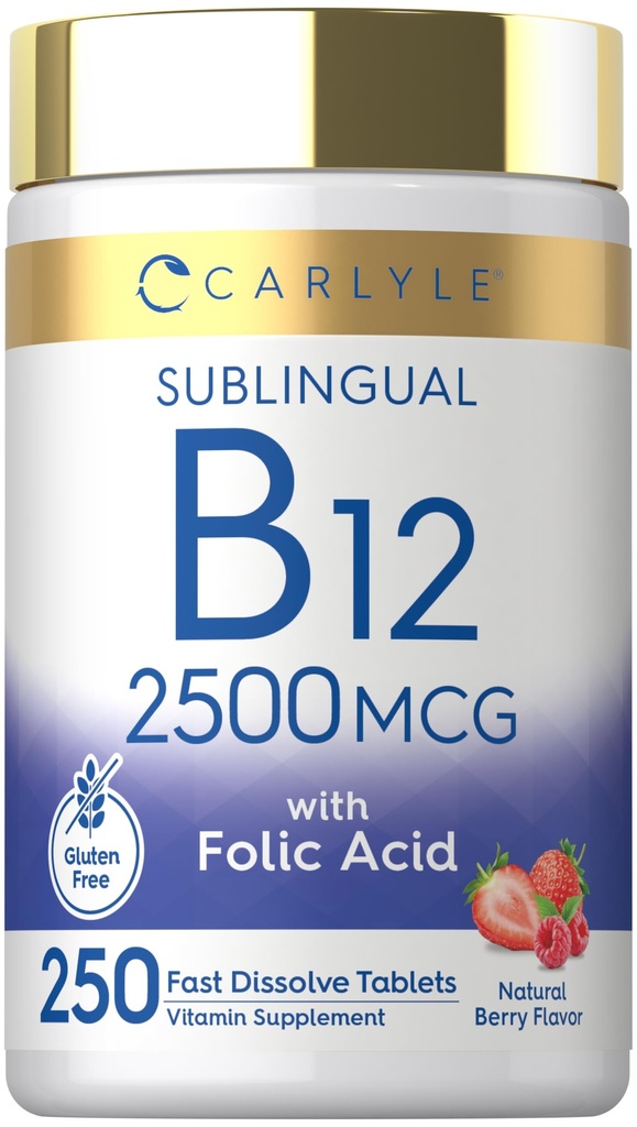 Carlyle Vitamin B12 Sublingual 2500 mcg | 250 Fast Dissolve Tabletten | Cyanocobalamin Supplement mit Folsäure für Erwachsene | Natürliche Berry Flavor | Vegetarisch, Non-GMO, und Glutenfrei