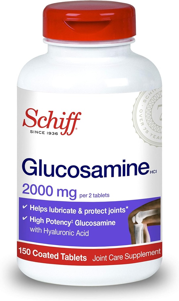 Schiff Glucosamine 2000mg (pro Servieren) + Hyaluronsäure-Tabletten (150 Count in a Bottle), Gemeinsame Pflege-Ergänzung, die Gemeinsame Mobilität und Flexibilität unterstützt, unterstützt die Struktur der Knorpel