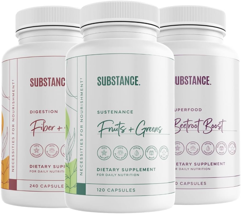 SUBSTANCE. 3-Pack Gesamt Wellness Bundle: Nature's Sustenance Daily Fruits & Veggies (120 Caps) + Fiber & Spices (240 Caps) + Beetroot Boost (180 Caps) - US Made, Vegan-Friendly
