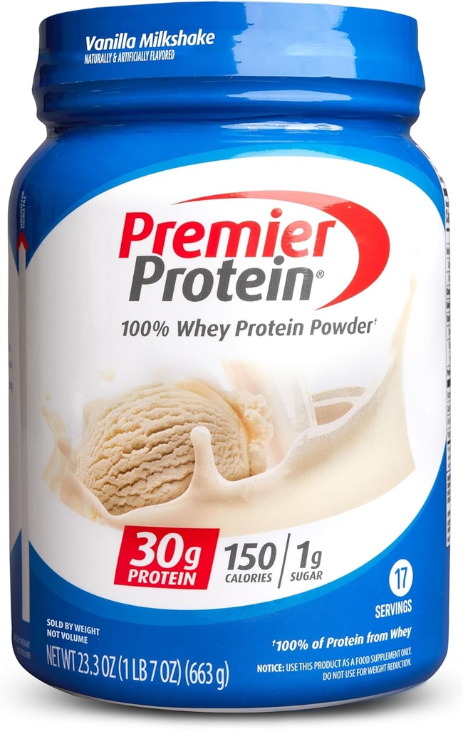 Premier Protein Powder, Vanilla Milkshake, 30g Protein, 1g Sugar, 100% Whey Protein, Keto Friendly, No Soy, Gluten Free, 23.3 oz (17 Servings)