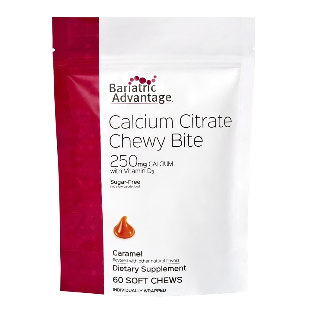 Avantage bariatrique Citrate de calcium Bites à croquer 250 mg - pour les patients de chirurgie bariatrique - Vitamine D3 - Supplément de calcium à croquer sans sucre - Briques de calcium bariatrique - Arôme caramel - 60 Compte