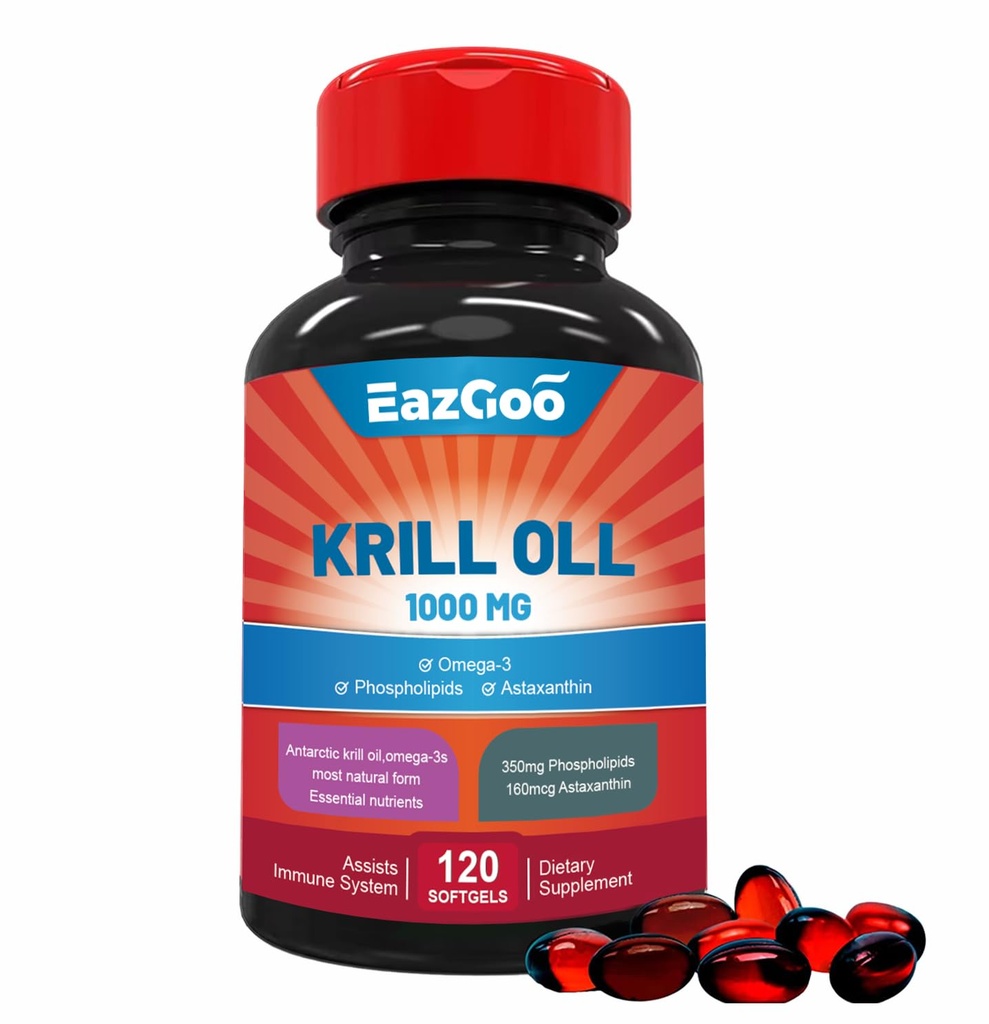 Huile de krill de l'Antarctique 1000mg, supplément Omega 3, EPA, DHA, Phospholipides et Astaxanthin- 120 Softgels