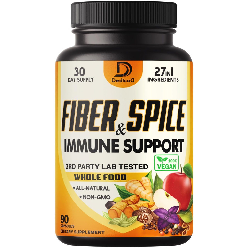 Supplément de fibre et d'épice 27in1 - combiné avec du psyllium organique, de la pomme entière, de la mûre aînée et plus - Support de l'humeur, du corps et de l'immunité - 90 capsules pour 1 mois