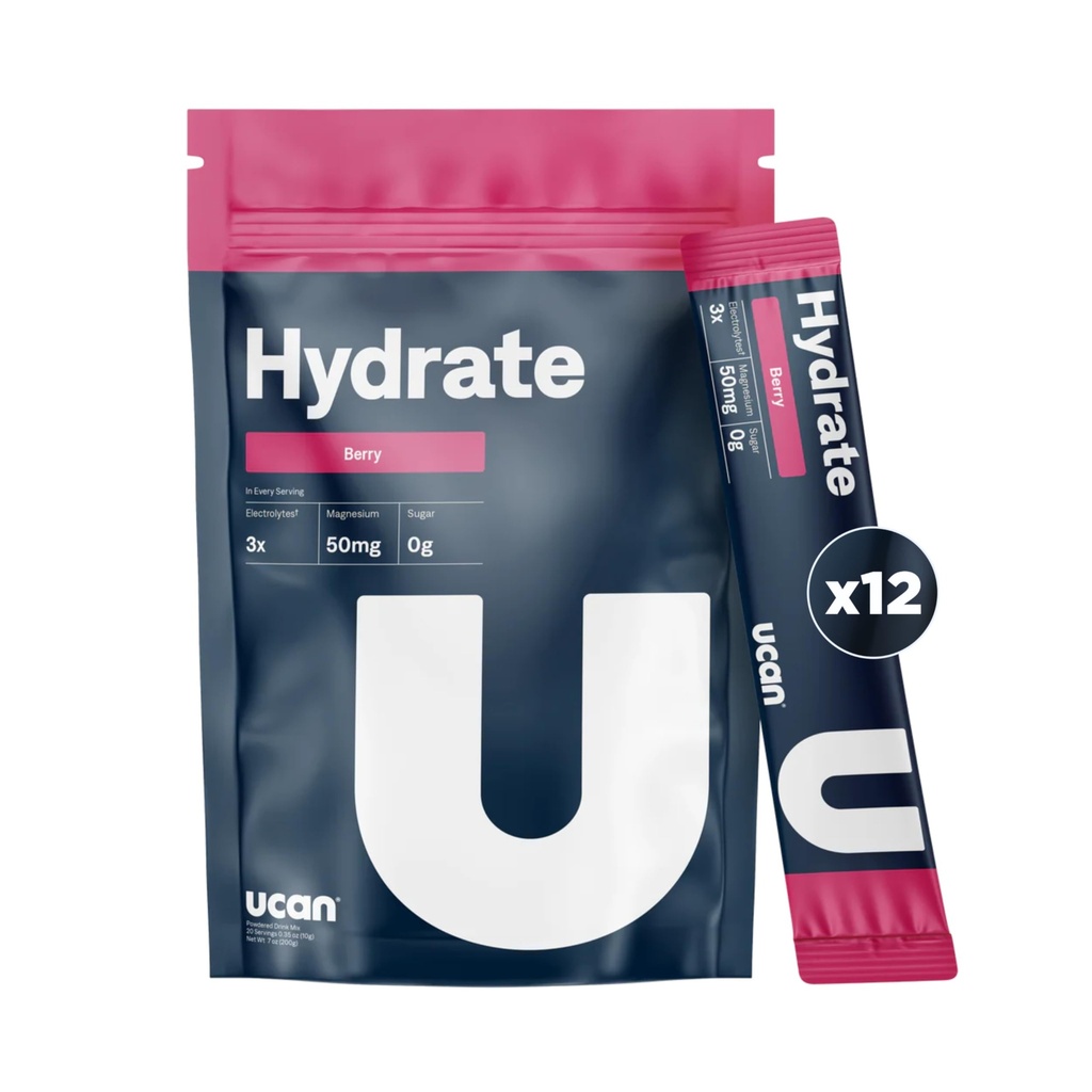 Mélange de boissons électrolytiques hydratantes UCAN (Berry, 12 Stickpacks) sans sucre, kéto-friendly, végétalien, non-OGM, poudre d'électrolyte sans gluten avec potassium et magnésium pour les coureurs et les athlètes