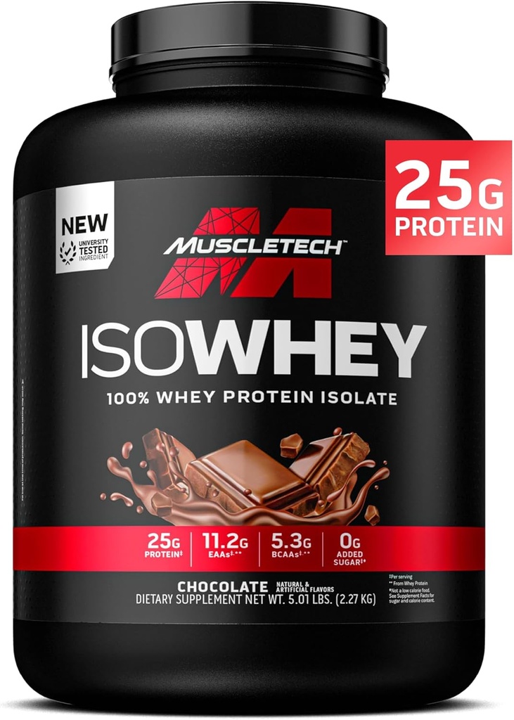 MuscleTech ISO Poudre de protéines Isolée Whey, Chocolat - Supplément de gymnastique post-entraînement pour le gain musculaire maigre, gain de poids de construction du corps et récupération - 25g de protéines, BCAA, EAA et 0 sucre ajouté - 5lbs