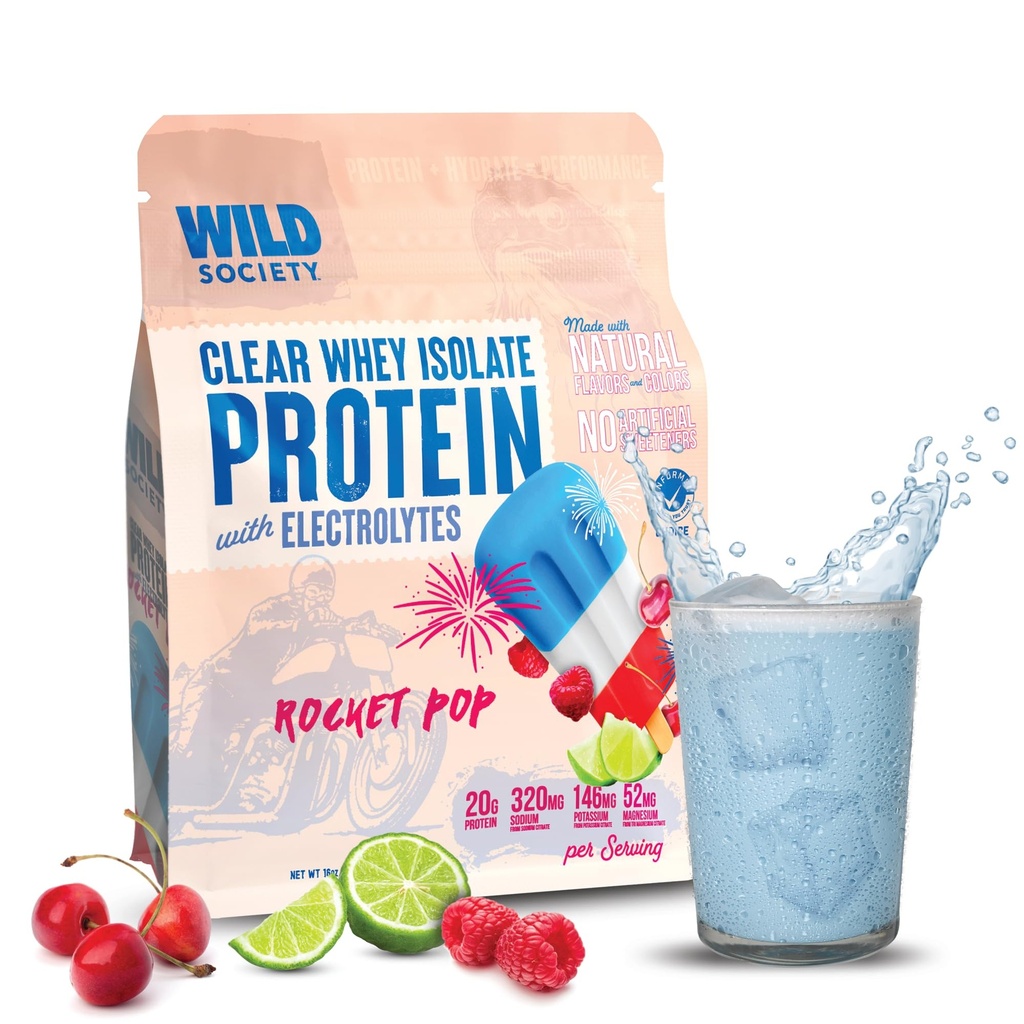 WILD SOCIETY - Klares Whey Protein + Elektrolyte - Refreshing Whey Protein Isolate Powder - 20g Protein, 0 Hinzugefügt Zucker, GMO-frei, natürliche Aromen & Farben - Rocket Pop, 16 oz