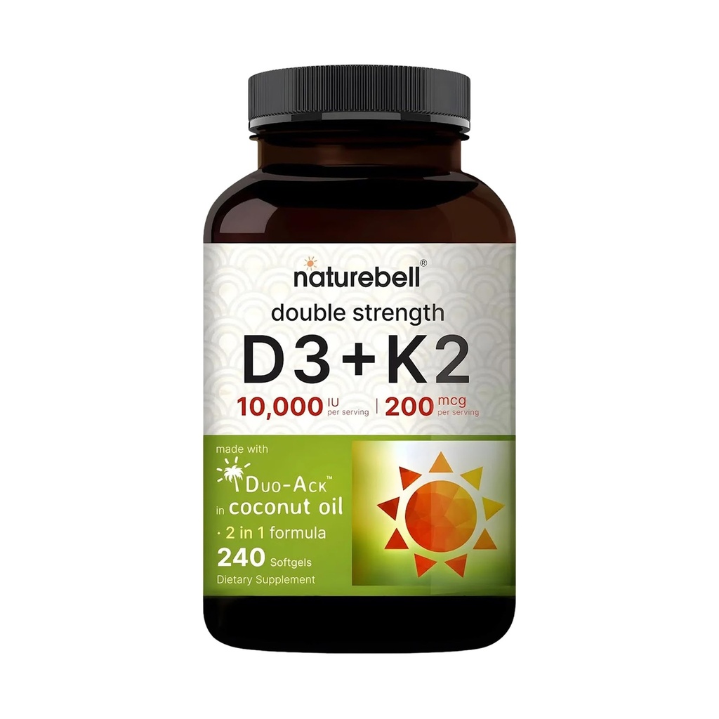 NatureBell Vitamin Double Strength D3 + K2-240 Softgels - 10.000 IU Vitamin D & 200mcg K2 - Knochenstärke, Immunfunktion & Calcium Absorptionsunterstützung* - Kokosöl infundiert
