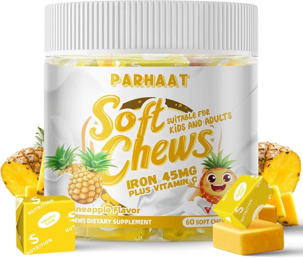 Eisen weiche Kauen Ergänzung mit Vitamin C | Ananas Flavored | Gluten Free | Eisen Ergänzung für Frauen Männer und Kinder | 60 Count | 2 Monat Versorgung