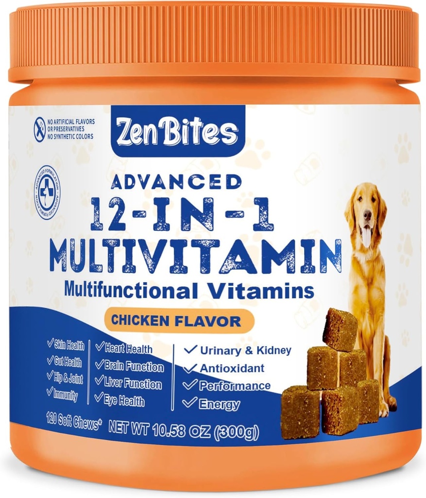 12-in-1 Hunde Vitamine & Probiotika 120 Weichkäse - Bio Multivitamin mit Glucosamin für Hunde - Joint Support Supplement für Hunde aller Altersgruppen, Größen, & Rassen,Unterstützung Haut,Herz, Immunität