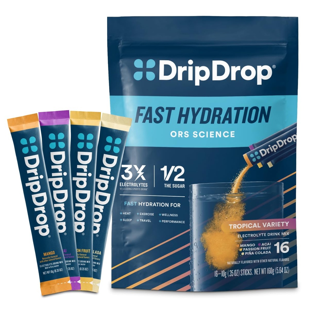 DripDrop Hydration Packets - Tropical Variety Pack - Single Serve Electrolytes Powder Drink Mix - Mango, Açaí, Passion Fruit, Piña Colada - Non-GMO, Glutenfrei, Vegan - 16 Sticks