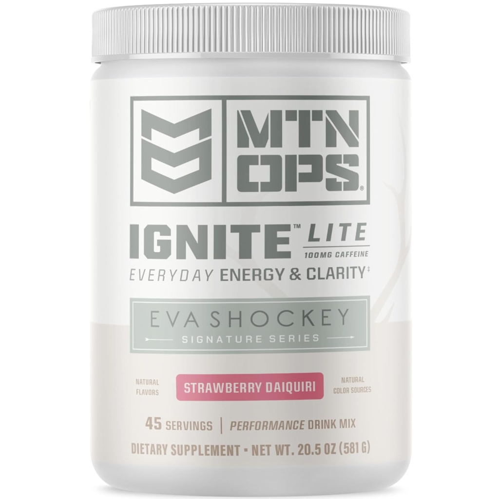 MTN OPS Ignite Lite Energy Drink Powder Glutenfreies Nitric Oxid Supplement Drink Mix, L Arginin, L Citrulline, Koffein & Nootropic Sugar Free Drink Mix, 45 Servierungen, Erdbeere Daiquiri Flavor von Eva Shockey