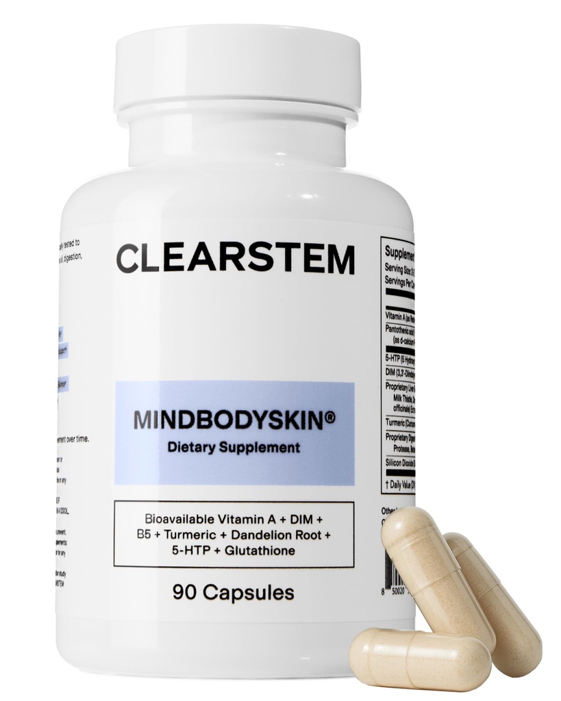 CLEARSTEM - MINDBODYSKIN Hormonelle Akne-Ergänzung (5-HTP) - Natürliche DIM-Ergänzung - Hautpflege Vitamine - Hormon Balance, Antioxidantien - Glutenfrei, rohfrei - 30 Portionen, 90 Kapseln