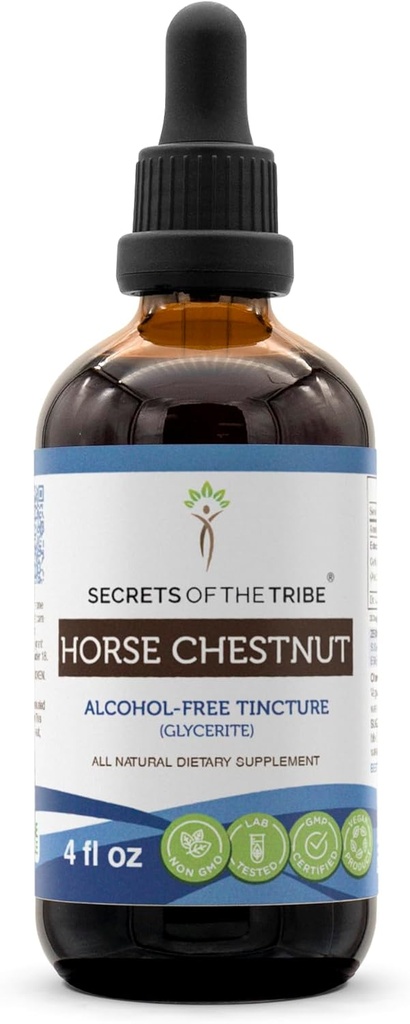 Secrets de la Tribe Horse Chestnut Teinture Extrait liquide sans alcool, Horse Chestnut (Aesculus hippocastanum) Noix séchée (4 FL OZ)