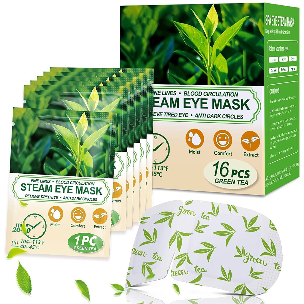16 Packs Dampf Augenmasken für trockene Augen, Grüner Tee Warme Augenmaske, Relief Eye Fatigue & Puffy Eyes, Feuchtigkeitsheizkompressur für Augen, Selbstbeheizte Augenmaske, Einweg-Reise Essentials & Relaxation Sets