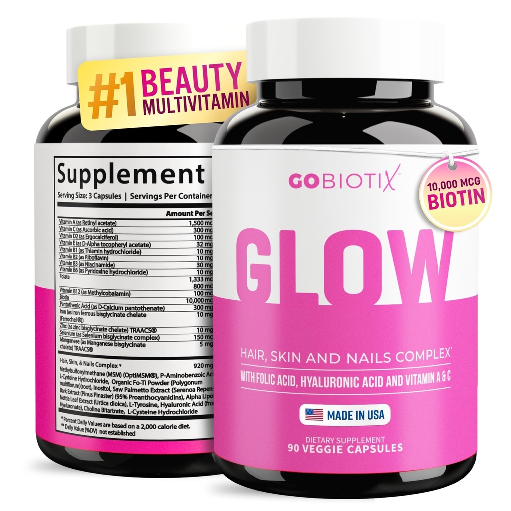 GOBIOTIX Hair Skin and Nails Vitamin Supplement - 10000mcg Biotin Pillen mit Hyaluronsäure, Folat, Eisen, Magnesium und Zink - Collagen Produktion, Haarwachstum - 30 Servietten