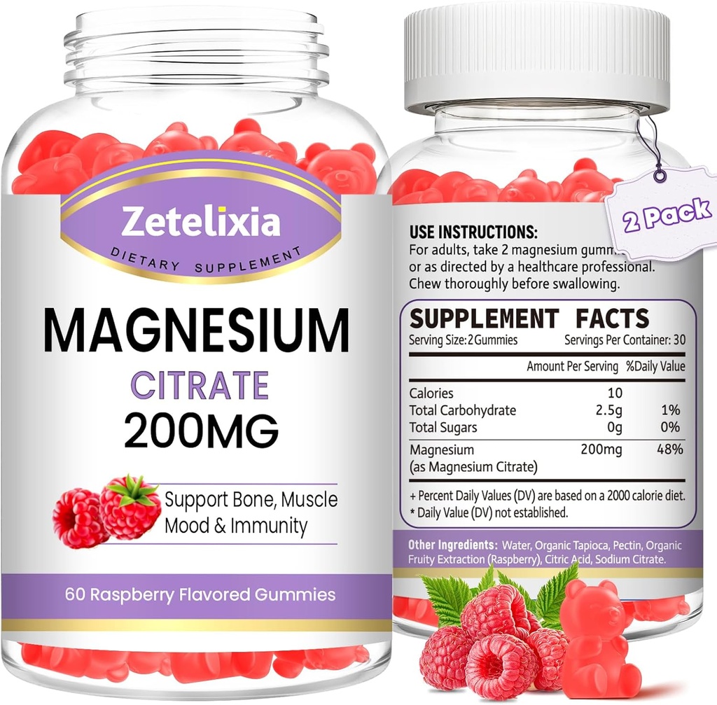 Gommies de Citrate de Magnésium de 2 paquets, Gommies de Magnésium à haute absorption pour adultes, Muscle & Dents Support, Flacon de framboise naturel végétalien 120 Cts