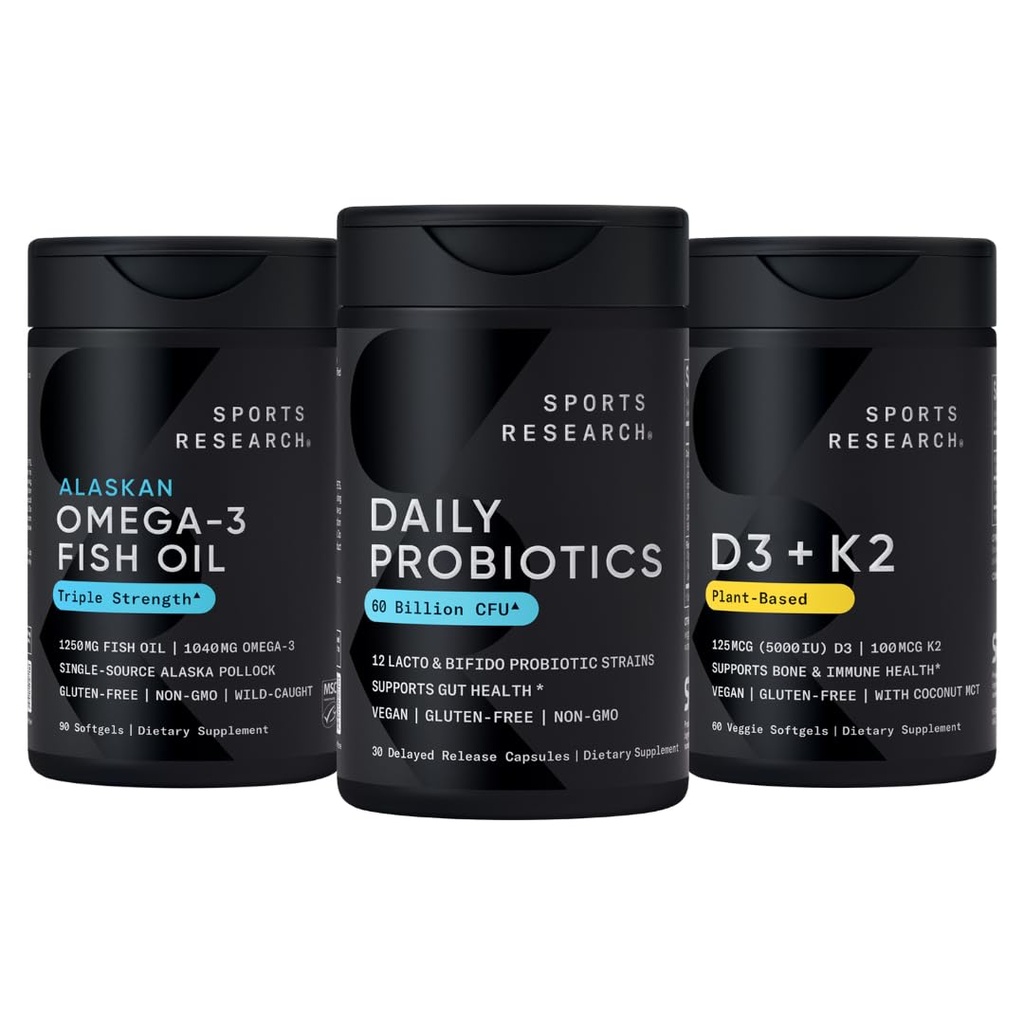 Sportforschung Wild Alaskan Pollock Omega 3 Fish Oil 90 Softgels (1250 mg) + Vegan Probiotics mit Präbiotika, 60 Billion CFU (30 Softgels) + 5000 IU Vitamin D + 100mcg Mk7 Vitamin K (60 Softgels)