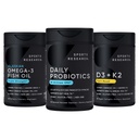 Sportforschung Wild Alaskan Pollock Omega 3 Fish Oil 90 Softgels (1250 mg) + Vegan Probiotics mit Präbiotika, 60 Billion CFU (30 Softgels) + 5000 IU Vitamin D + 100mcg Mk7 Vitamin K (60 Softgels)