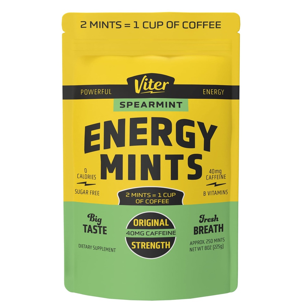 Viter Energy 40mg Koffein Minze - Zuckerfrei, B Vitamine, Vegan, Boosts Fast Energized Alert Focus, Koffeinierte Nootropic Ergänzung Pillen (Spearmint Flavor, 8oz, Bulk Bag)